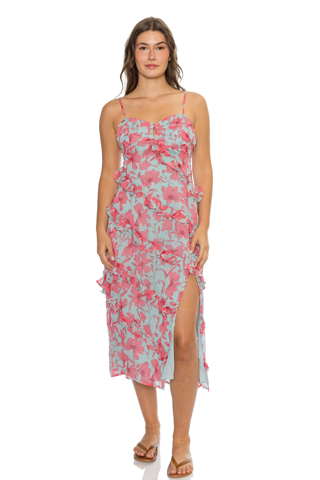 Parker high quality cascading ruffle printed midi